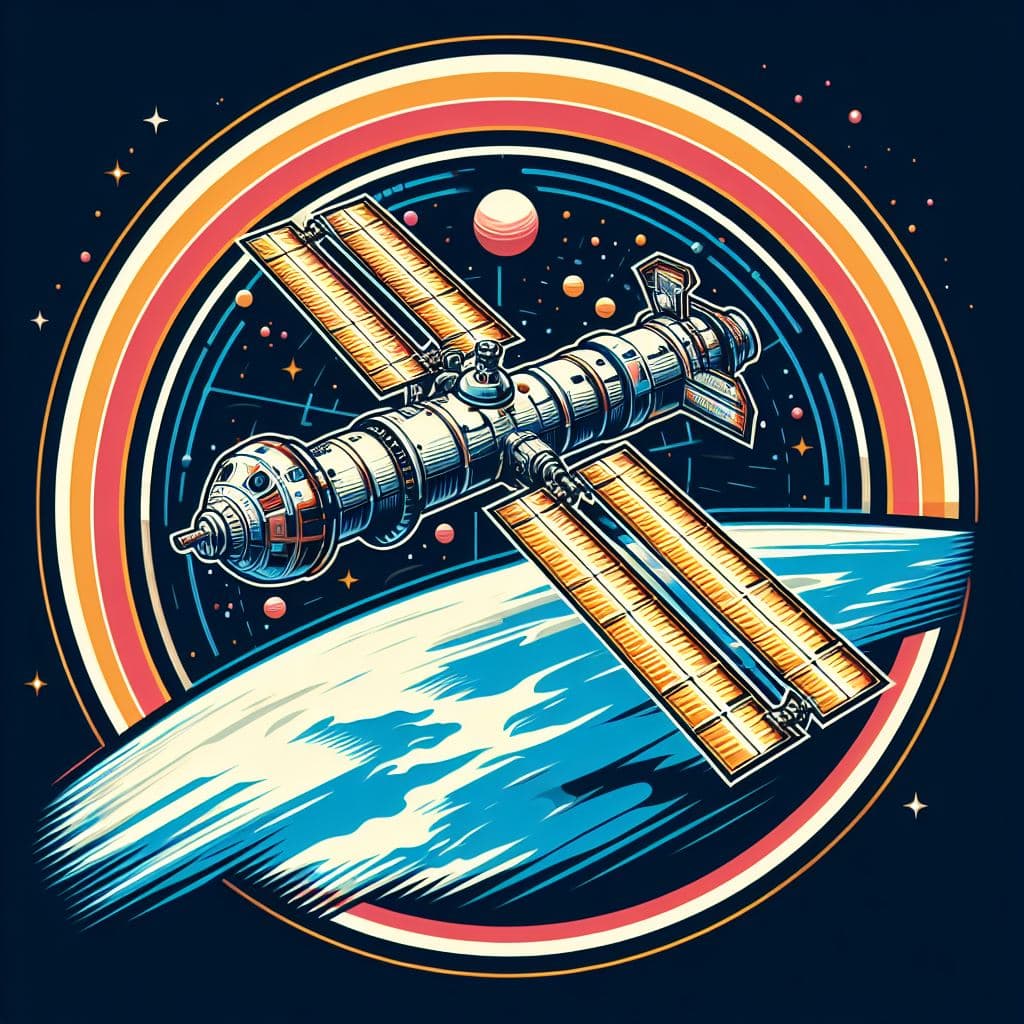 AI generated: vector illustration, the ISS in orbit above earth, emblematic, retro sci-fi, stunning awesome design...