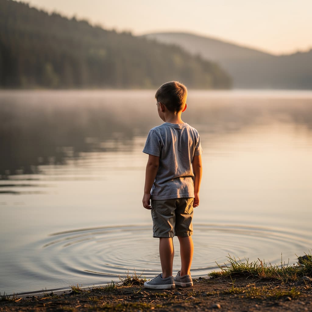 AI generated: give me a picture stand in side of lake a boy
