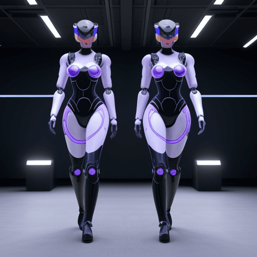 AI generated: Models in costumes with biosensors, 4K, a futuristic color, The Runway of Robots, a virtual audience...