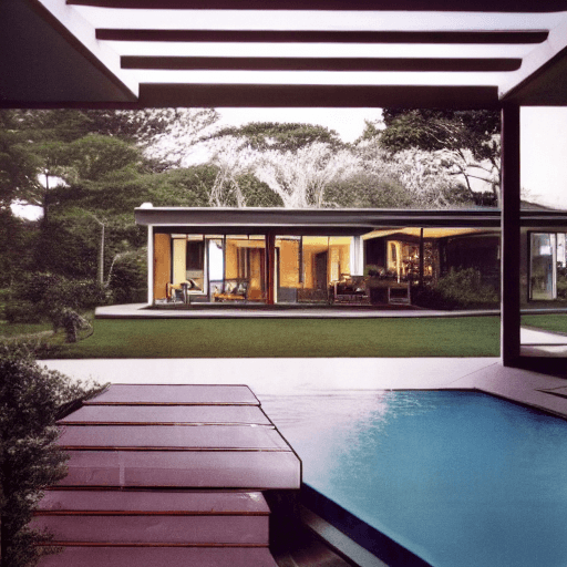 AI generated: Hyper realistic eye level exterior photo of a mid century modern style house overlooking the ocean, ...