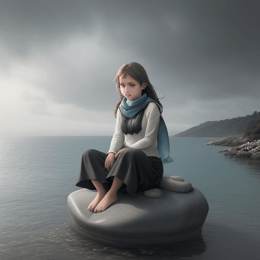 AI generated: a girl sits on a stone, a transparent scarf is thrown over the girl, in the sea, the sky is gloomy, ...
