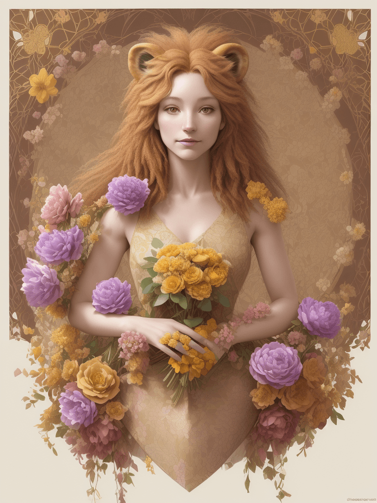 AI generated: photography of a (anthropomorphic lion-woman:1.3), delicate, blossoms arrangement being displayed:: ...