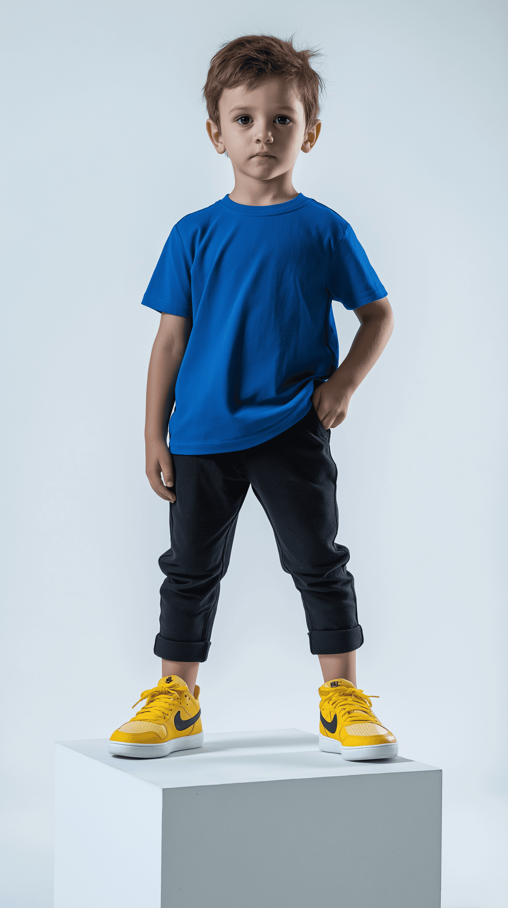 AI generated: studio portrait, high-key photography, Hasselblad H6D-100c, 6 years old boy model, wearing blue T-sh...