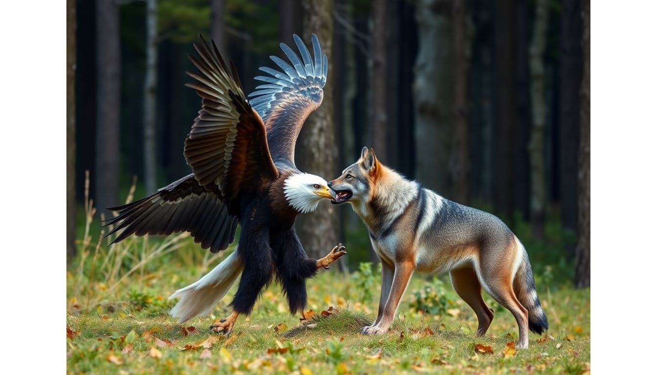 AI generated: eagle and wolf fight together in forest. strong