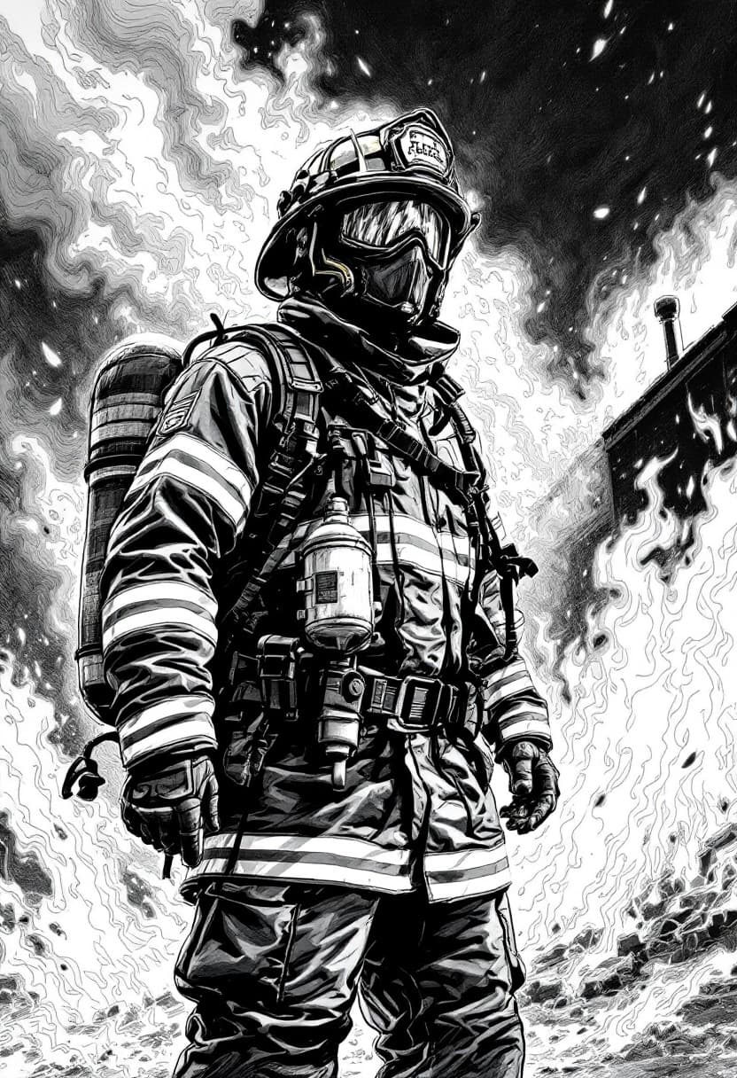 AI generated: Create a black and white sketch of a firefighter in full gear, standing confidently amidst raging fl...