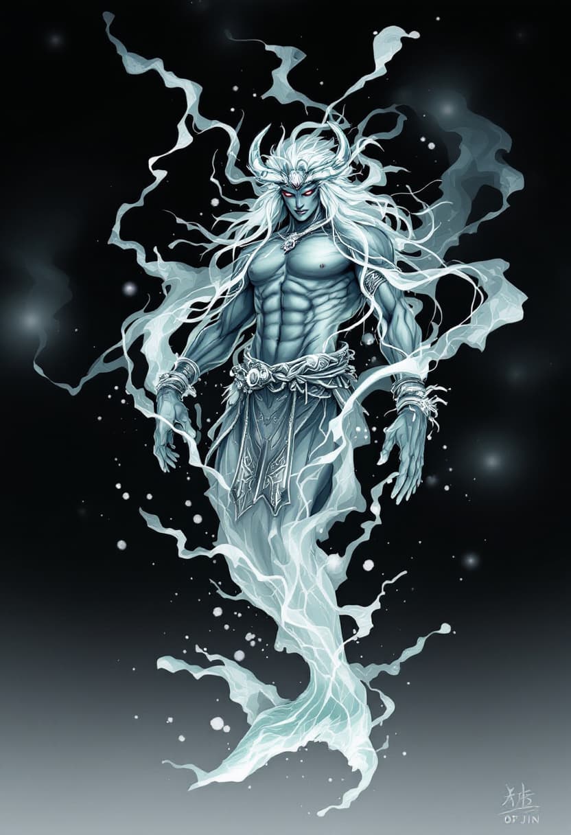 AI generated: Dip Ot Jin the God of Gravity and Pressure  
(Humanoid being with horns Grey Whale)(Snowflake Obsid...