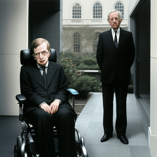 AI generated: Hyper realistic eye level exterior photo of stephen hawking, with his best friend jeffrey epstein, d...