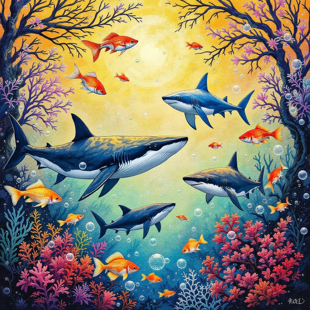 AI generated: 
sharks, guppies, fins, gills, guppies, Whales, bubbles, scales, currents 
--ar 16:9 --profile 9wfmr...