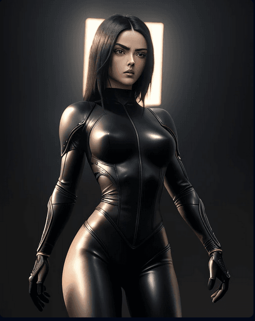 AI generated: a beautiful athletic woman tomboy dressed in black matte leather, alita battle angel, studio backgro...