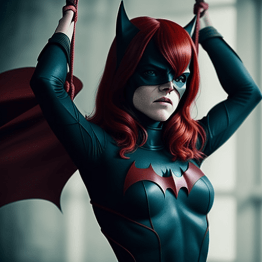 AI generated: Rose Leslie dressed as Batwoman, being held captive by ropes wrapped around her arms and body. 