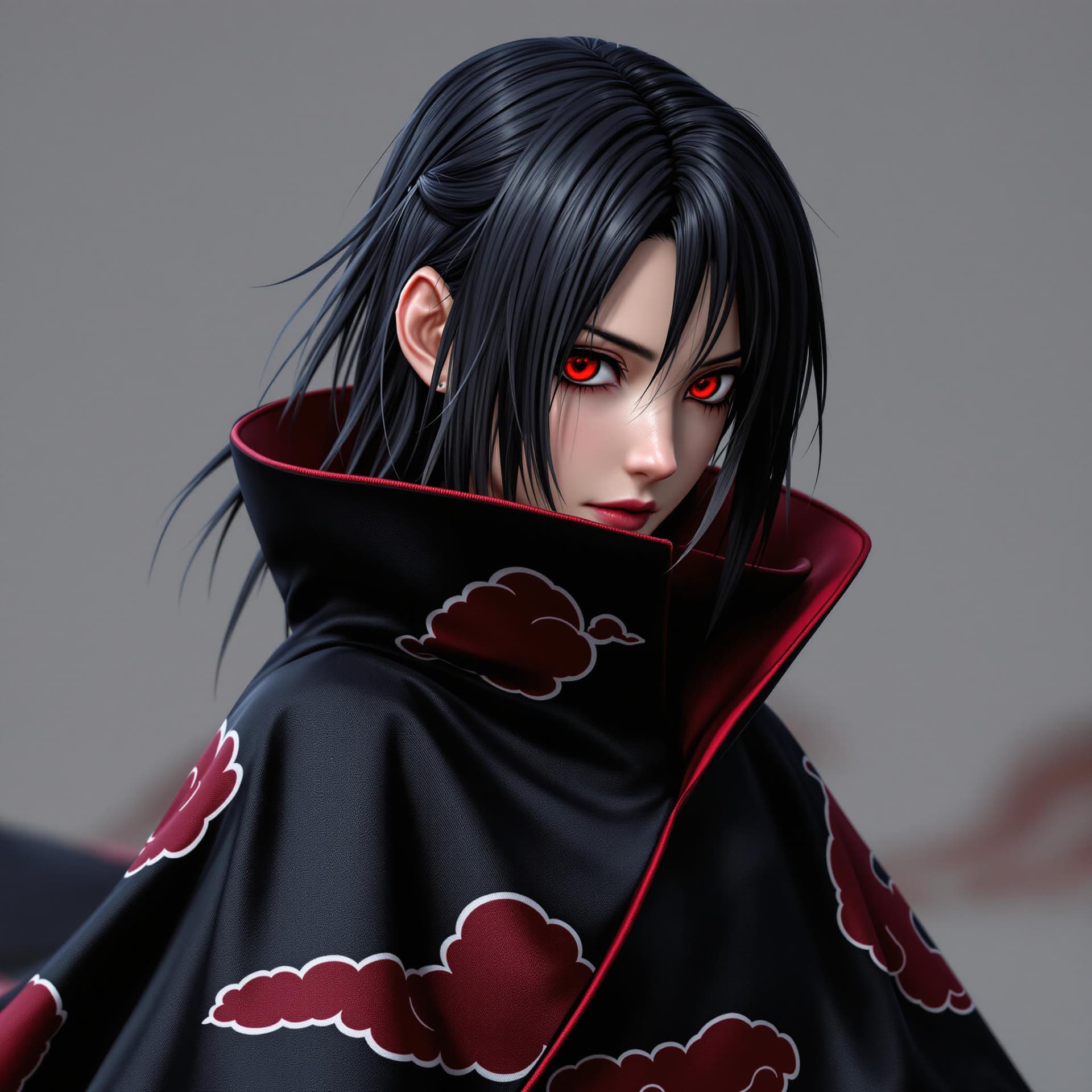 AI generated: Create a stunning photorealistic image of female Itachi Uchiha from 'Naruto'. She has black-silver h...