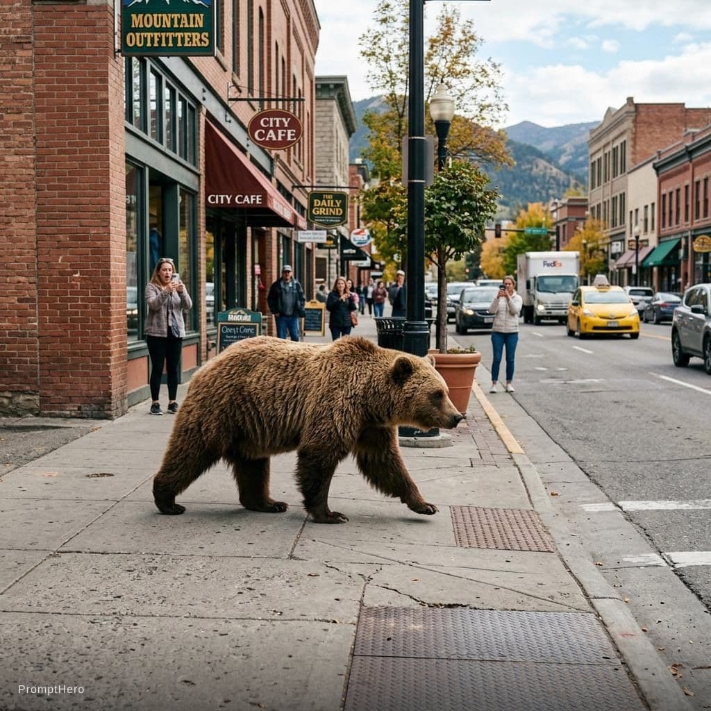 AI generated: a bear, realistic photograph, walking through the city, natural lighting