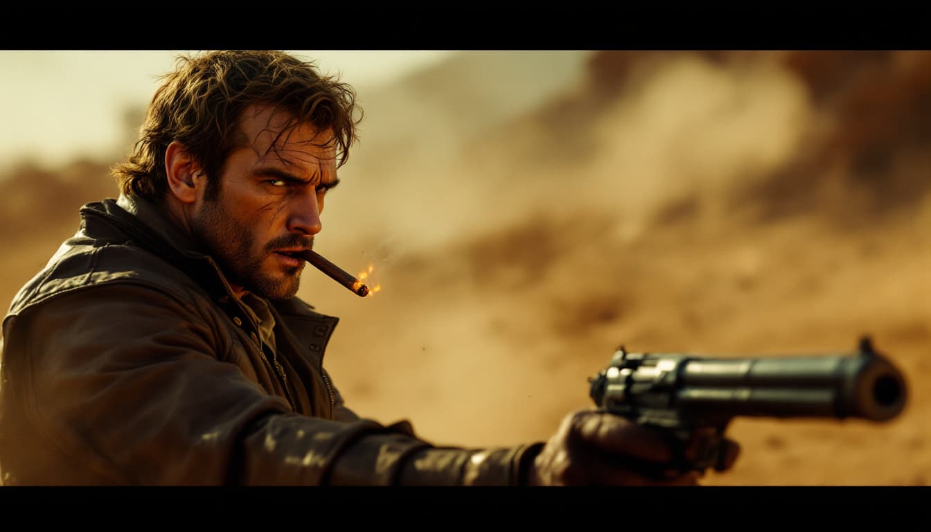 AI generated: george bull, same style, same color, desert , cinematic, dust, grain, burning cigar, leather gilet, ...