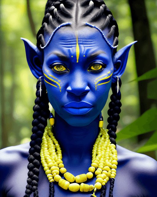 AI generated: na'vi woman, blue skin, dark blue stripes on face, forehead, and neck, large ears braided hair, bead...