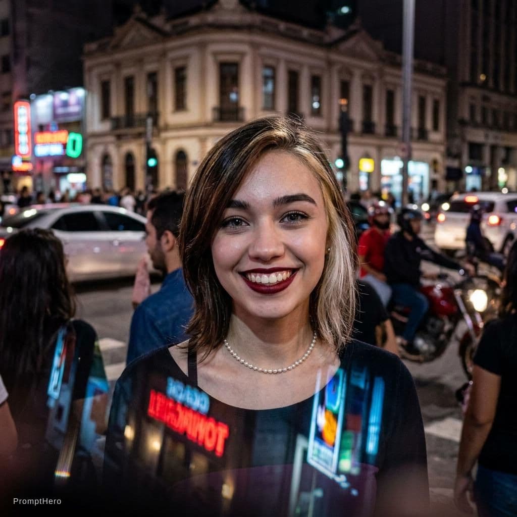 AI generated: A cinematic portrait of a woman in the photo smiling, standing in a busy street of São Paulo at nigh...