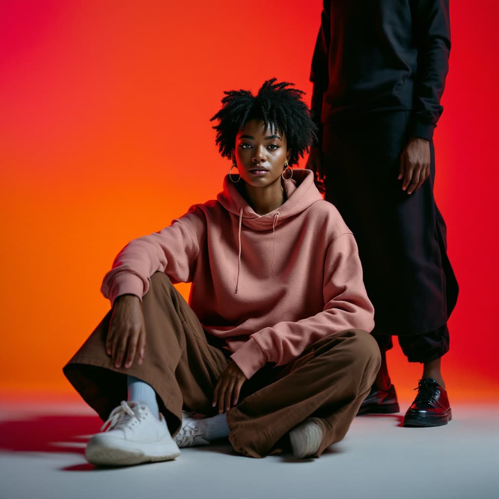 AI generated: wide and low angle, cinematic, fashion photography for the brand Uniqlo. Woman sitting on floor wear...
