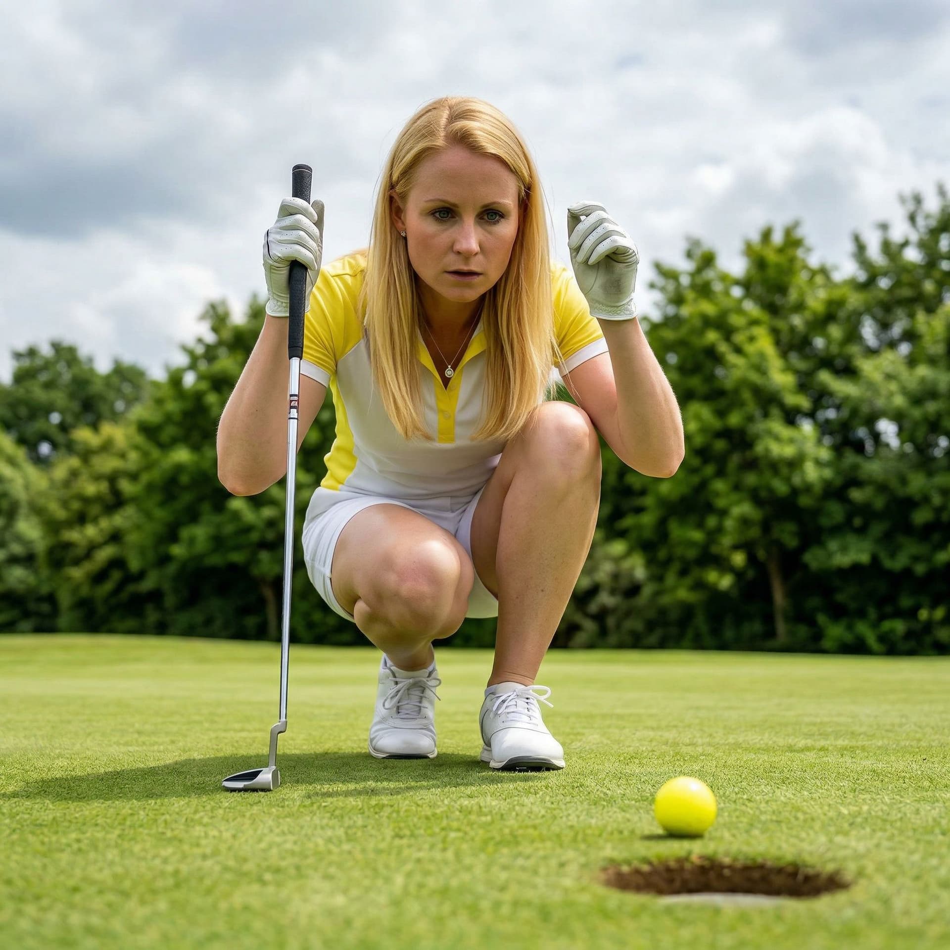 AI generated: A young, athletic woman with long blonde hair is in a low crouching pose on a golf course, about to ...