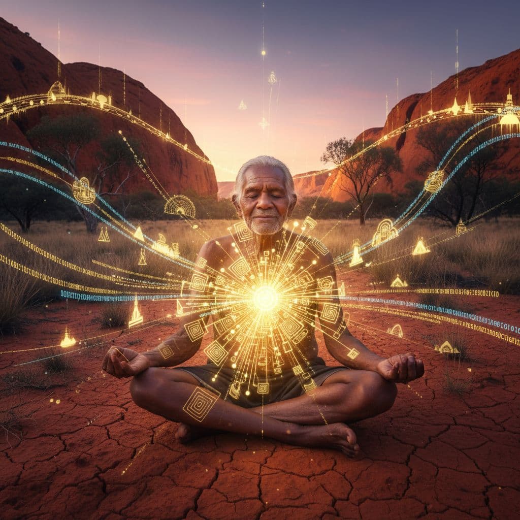 AI generated: `A powerful Aboriginal Elder, face etched with wisdom and kindness, sits in a state of deep meditati...