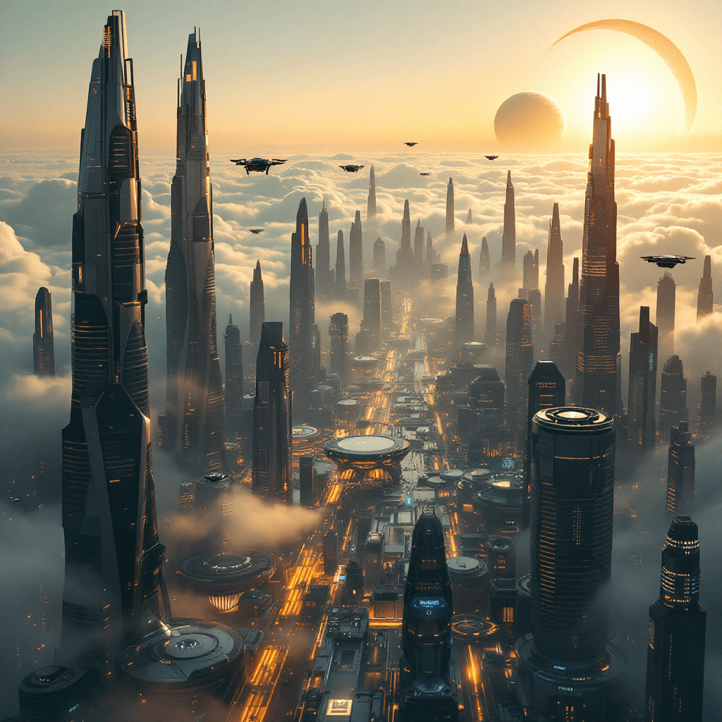 AI generated: An ultra high-definition, cinematic sci-fi cityscape stretching endlessly toward the horizon. The fu...