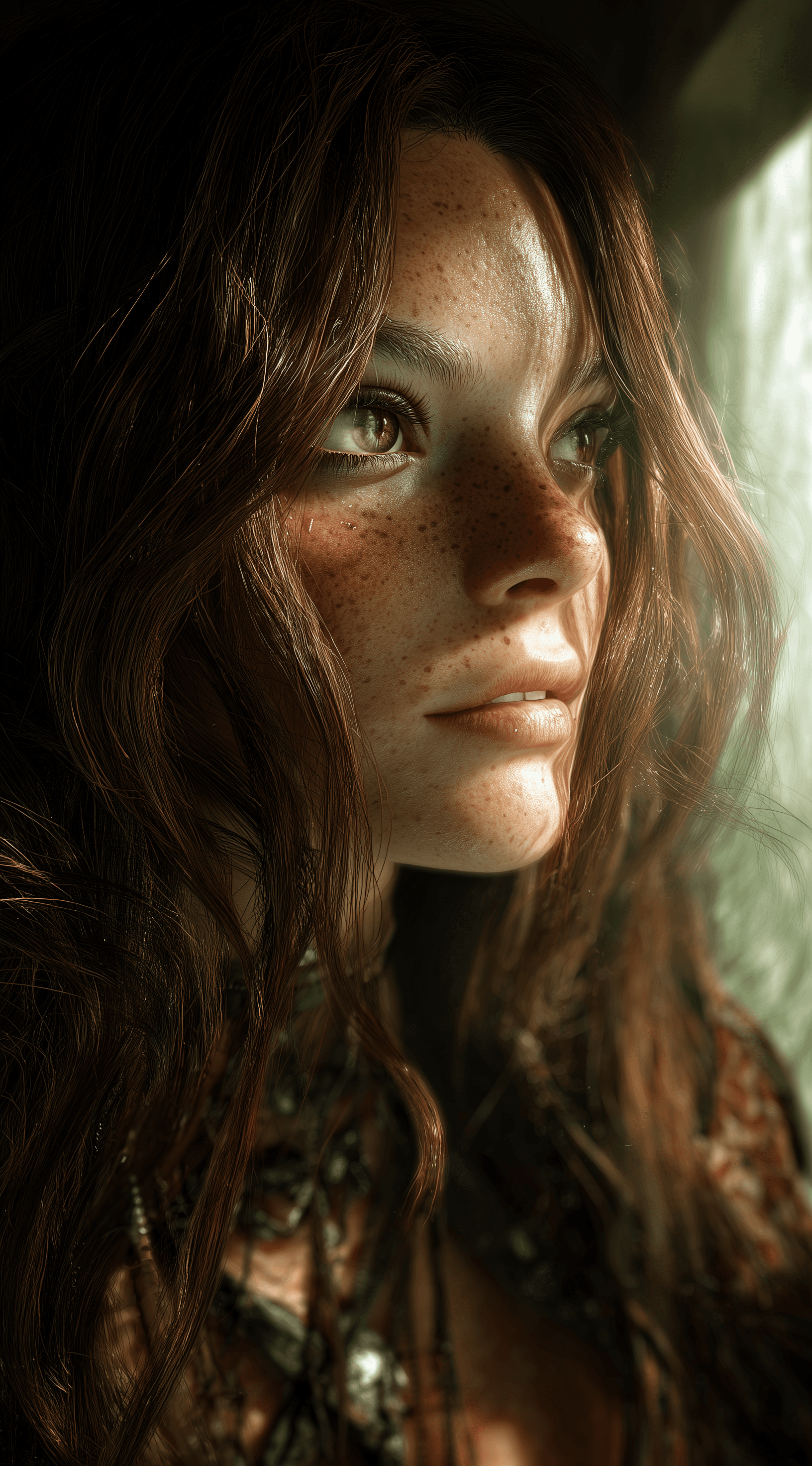 AI generated: A beautiful woman with long hair, gazing out the window in the sunlight, a half-length portrait, wea...