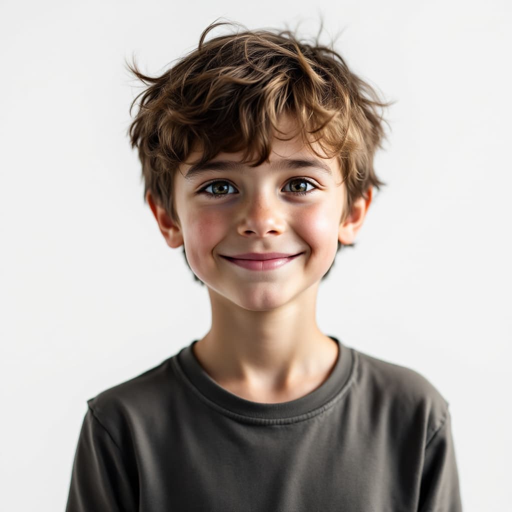 AI generated: make a image of a normal kid of 10 year with a smile in his face whith fracles 
