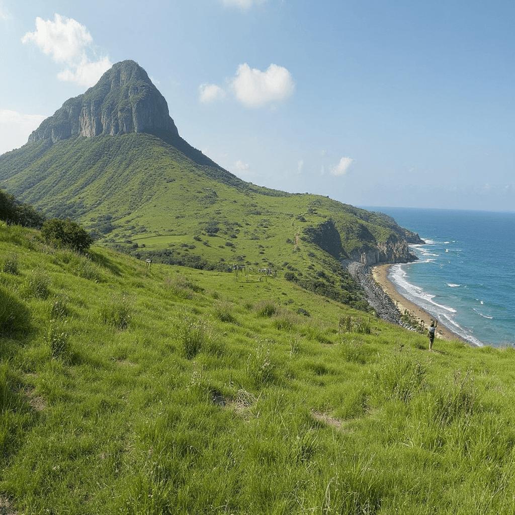 AI generated: paisaje ensoñador, con montañas y playas de fondo y el mar, con gente disfrutando en el cesped