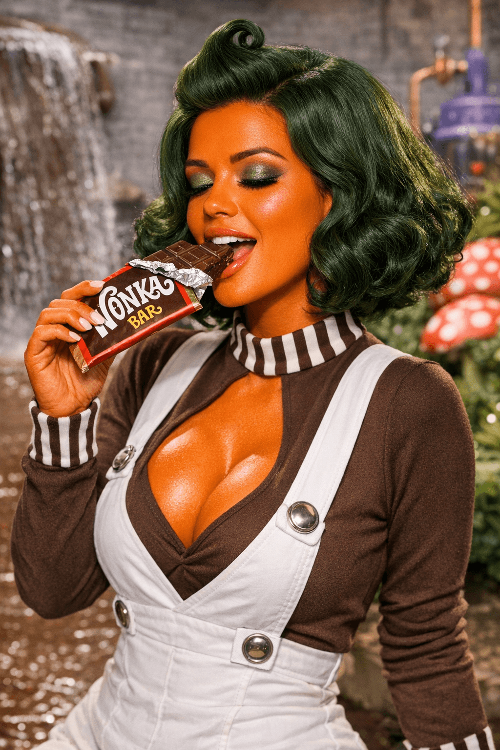 AI generated: A 4K, UHD, magazine photoshoot quality image of a beautiful, orange skinned oompa loompa. Her hair i...
