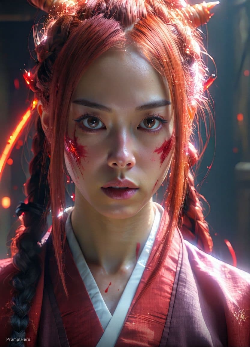 AI generated: portrait of sukuna with red hairs, jujutsu kaisen, full red moon, uhd, ultra realistic, unreal engin...