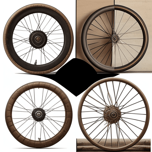 AI generated: A montage of historical wheels through the ages, transitioning from early wooden disks to more advan...