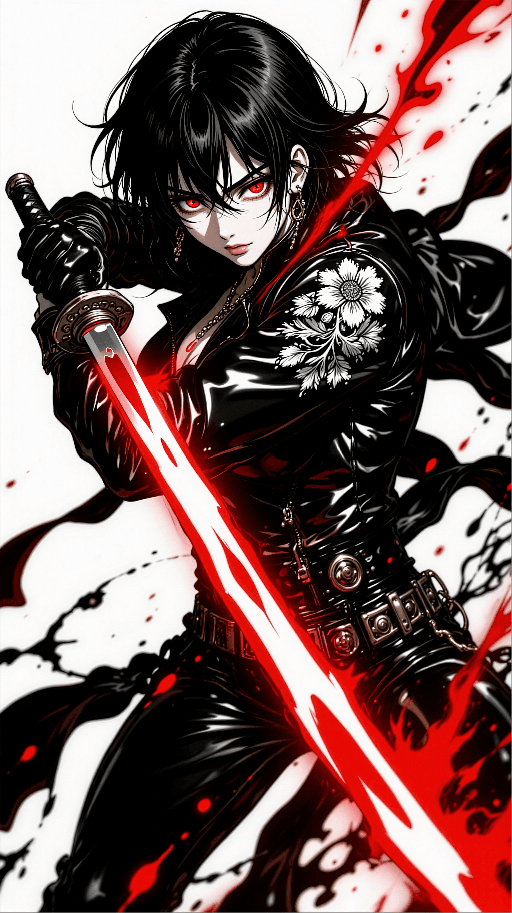 AI generated: A vertical high-contrast anime masterpiece of a fierce female modern samurai mid-slash. She has mess...