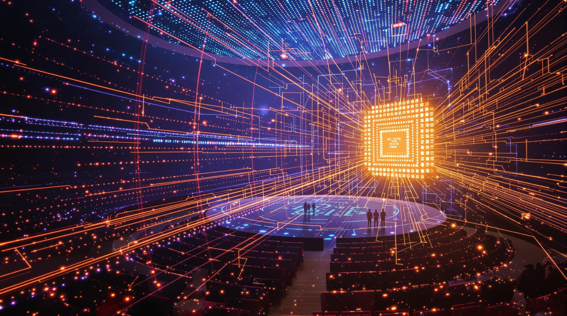 AI generated: /imagine prompt: Tech giant unveiling quantum processor in holographic theater, diverse engineers de...