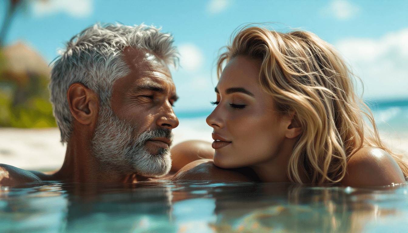 AI generated: Black silhouettes of a Caucasian grey haired men and a gorgeous Ukrainian blond woman with slightly ...