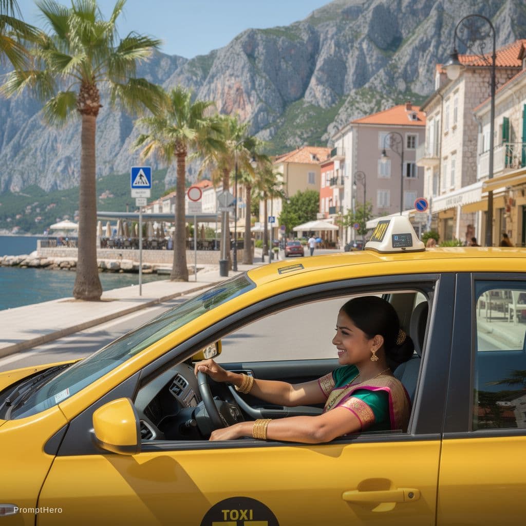 AI generated: taxi in makarska，woman driver,saree,indian_dress