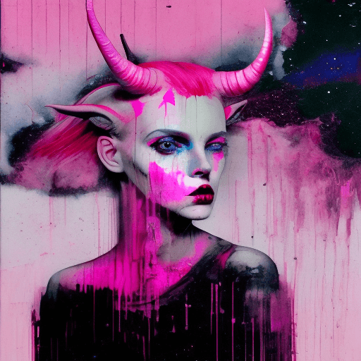 AI generated: single imge,a glitch art dirty over lay portrait of a demonic horned woman pink lipstick, pink gloss...