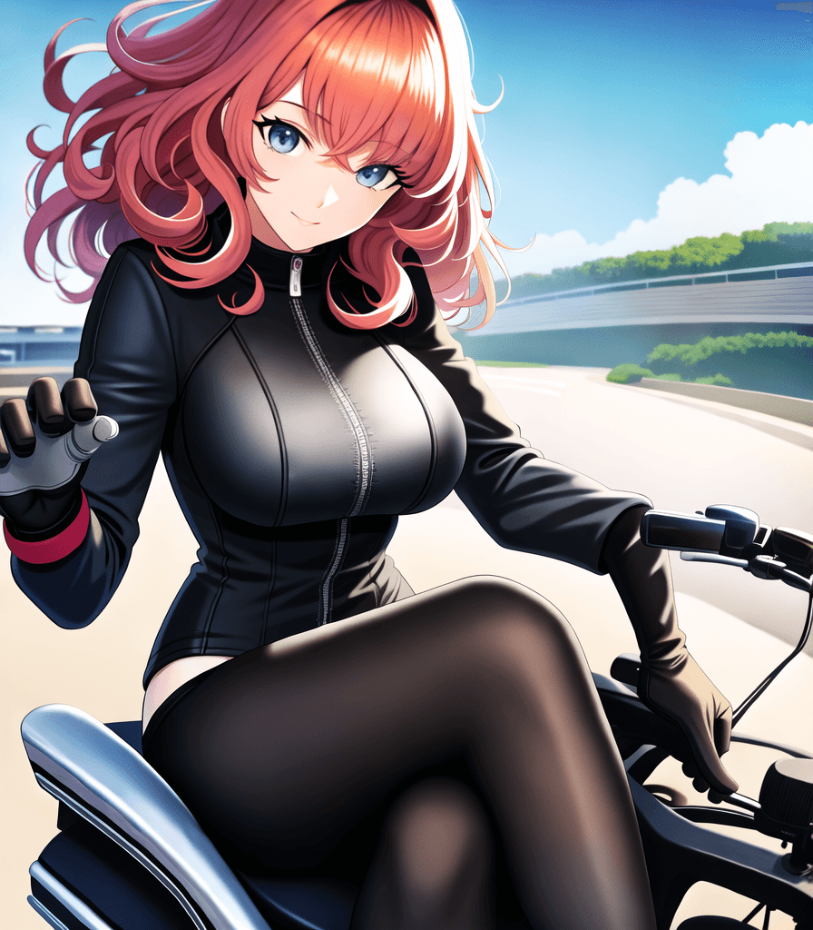 AI generated: (perfect anime illustration), 1girl, curly hair, medium hair, huge breasts, motorcycle, driving, sit...