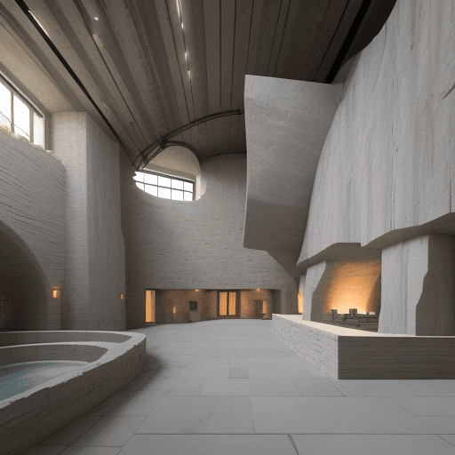 AI generated: rustic, subterranean museum, curvaceous, organic architecture interior raw limestone quarry blocks, ...