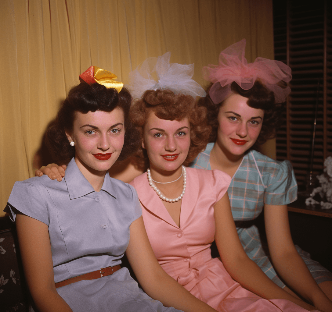 AI generated: A color photo of three women in the style of housewife from early sixties, posing for camera, smilin...