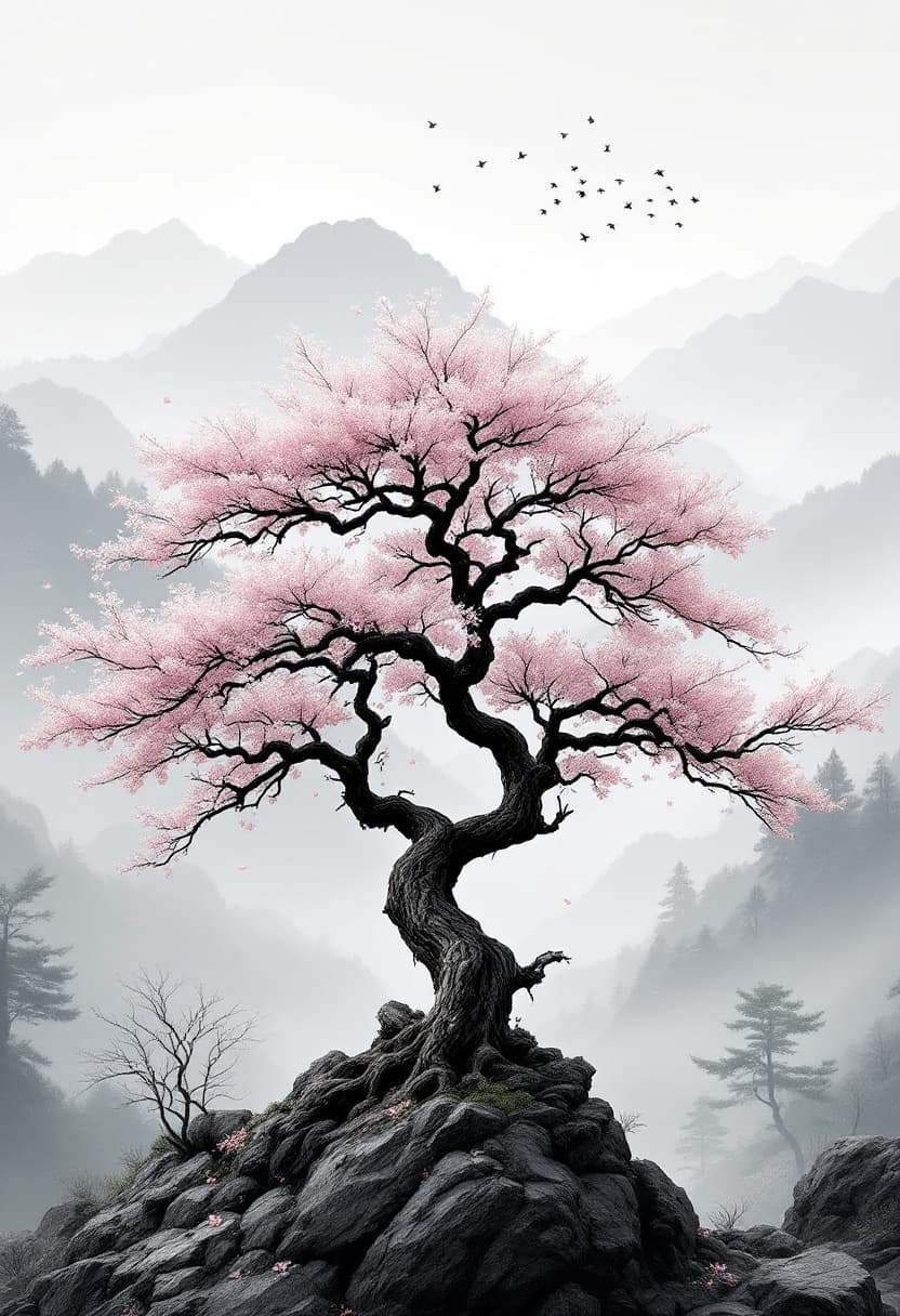 AI generated: Traditional Japanese cherry tree with a naturally twisted trunk and realistic branch structure. The ...