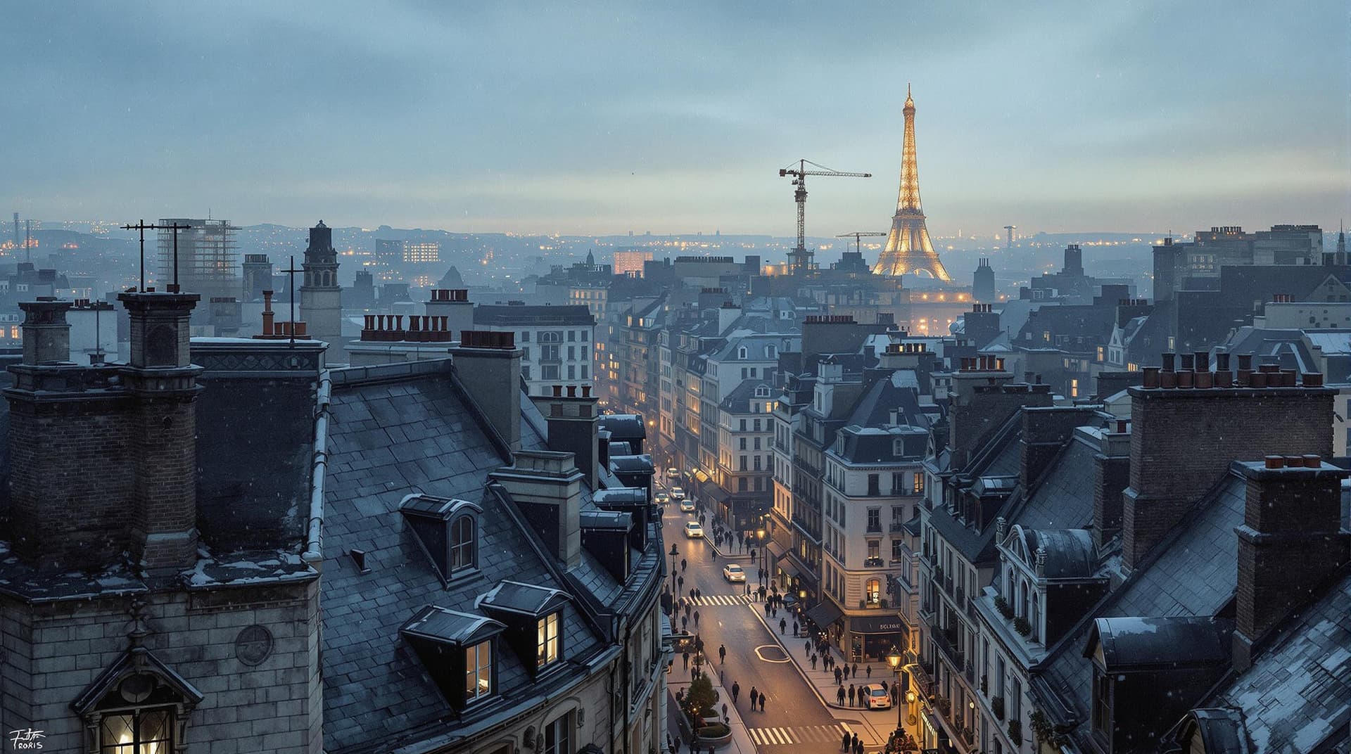 AI generated: hyper-realistic illustration, a panoramic view above the 1900s Paris rooftops in the early hours of ...