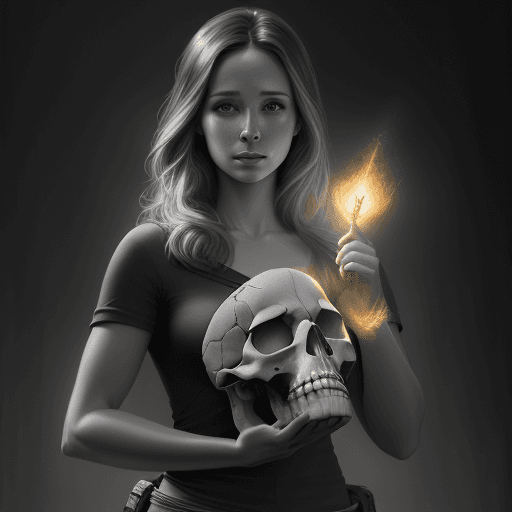 AI generated: free pencil drawing of beautiful woman holding a fossil skull, magali villeneuve, vicente romero red...
