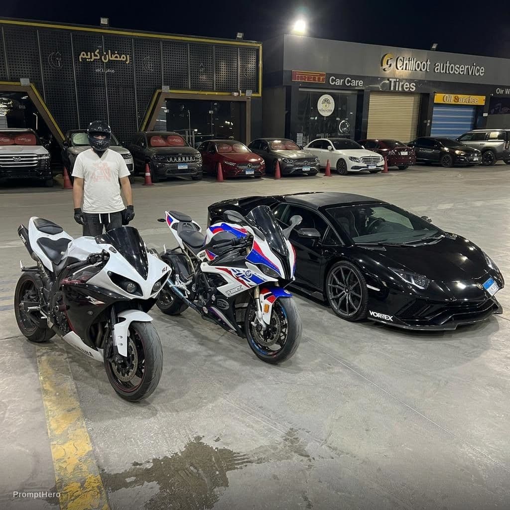 AI generated: Add black Lamborghini Aventador and generate it as very real photo, standing side by side 