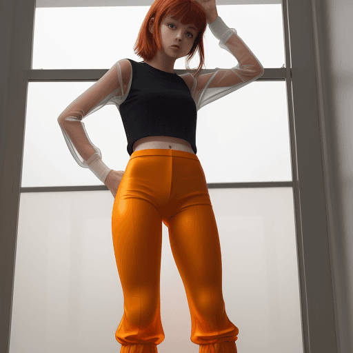AI generated: girl in transparent pants, red pants, yellow socks