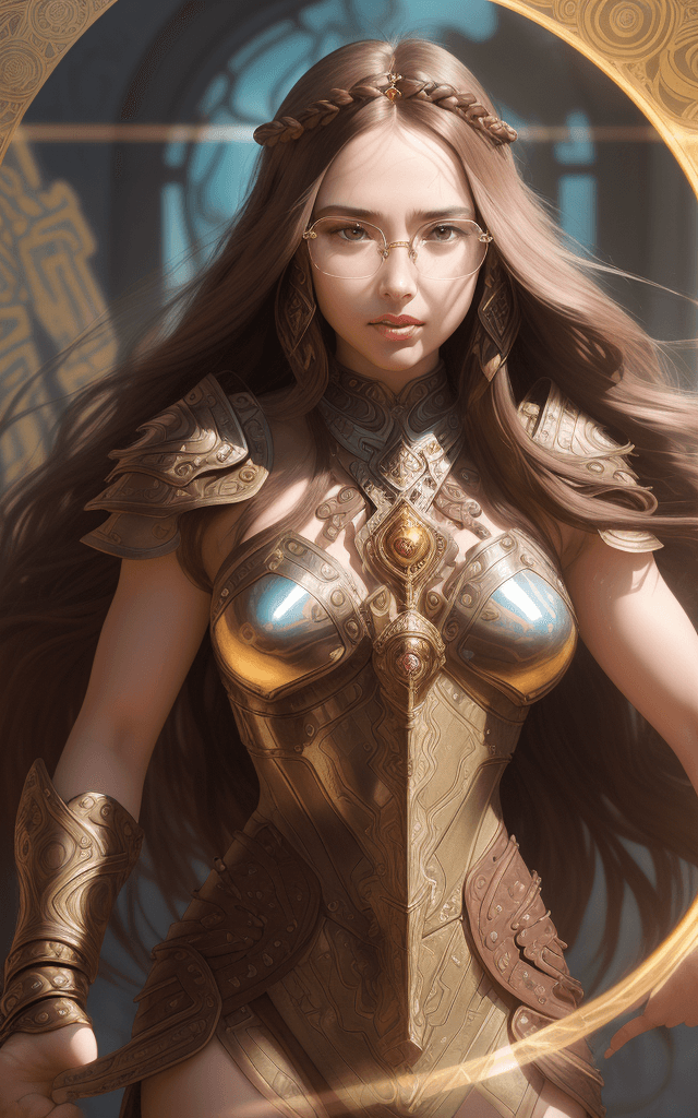 AI generated: beautiful female warrior, long brown hair, Big Forehead, Oval Face, Big big Brown Eyes, glasses, big...