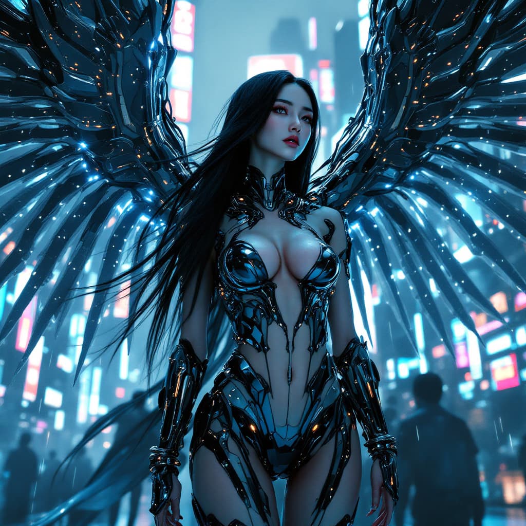AI generated: A stunningly beautiful full-body cybernetic Asian woman with long, sleek black hair flowing in the w...