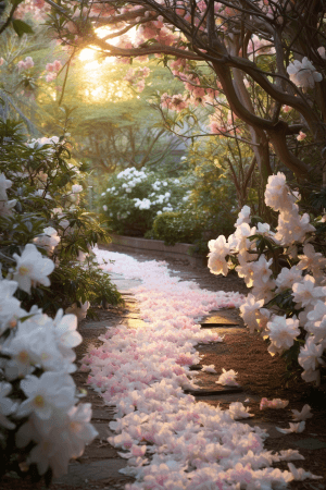 AI generated: A serene garden at dawn, the beauty of the flowers, with delicate petals of pink and white dancing. ...