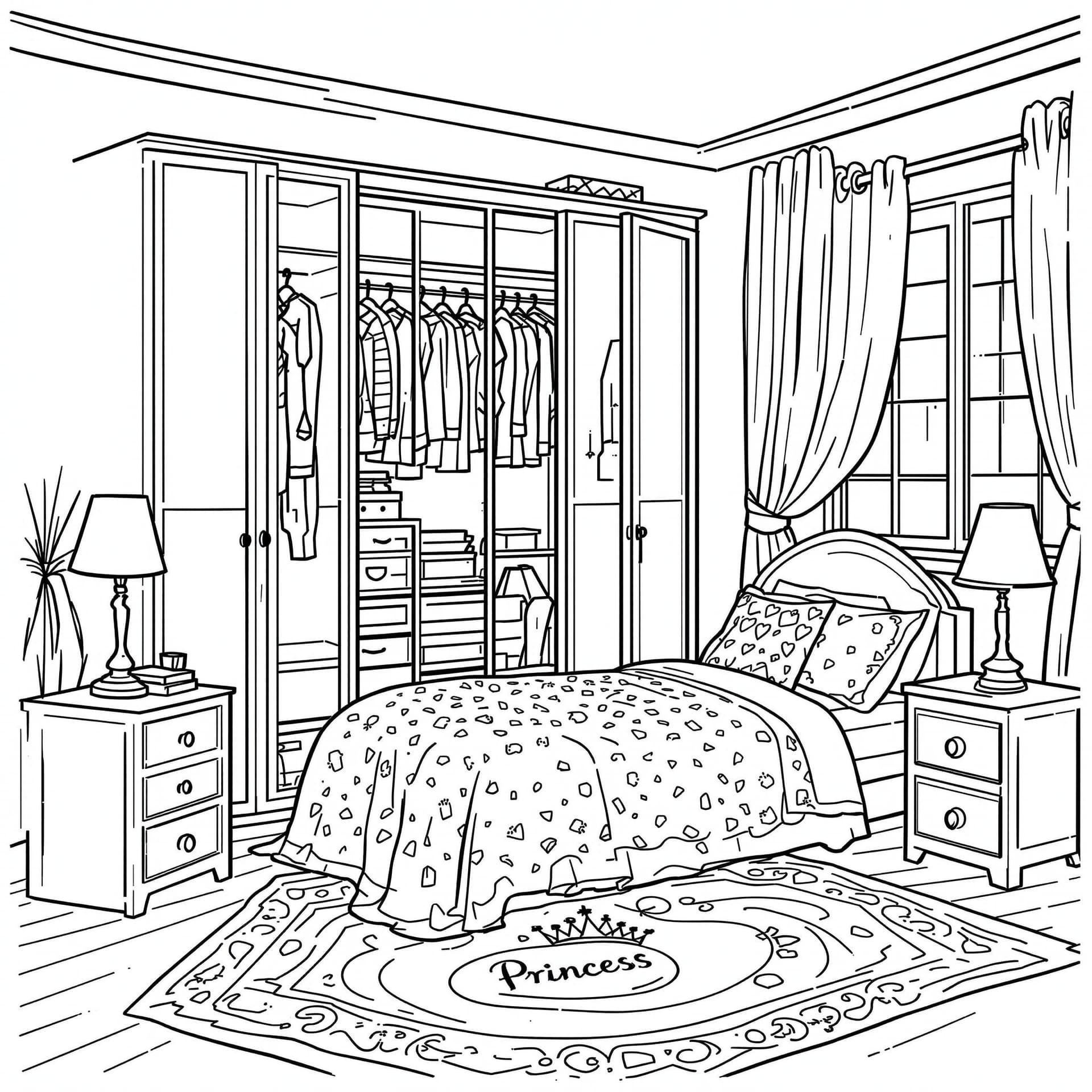 AI generated: Create a high-resolution black-and-white line drawing of a cozy bedroom with a wardrobe. Include det...