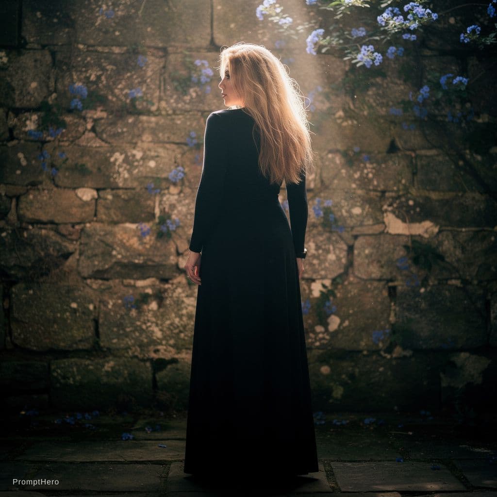 AI generated: standing facing an old stone wall blue flowers, (full length: 1.5) photo of a 30 years old (naked: 1...