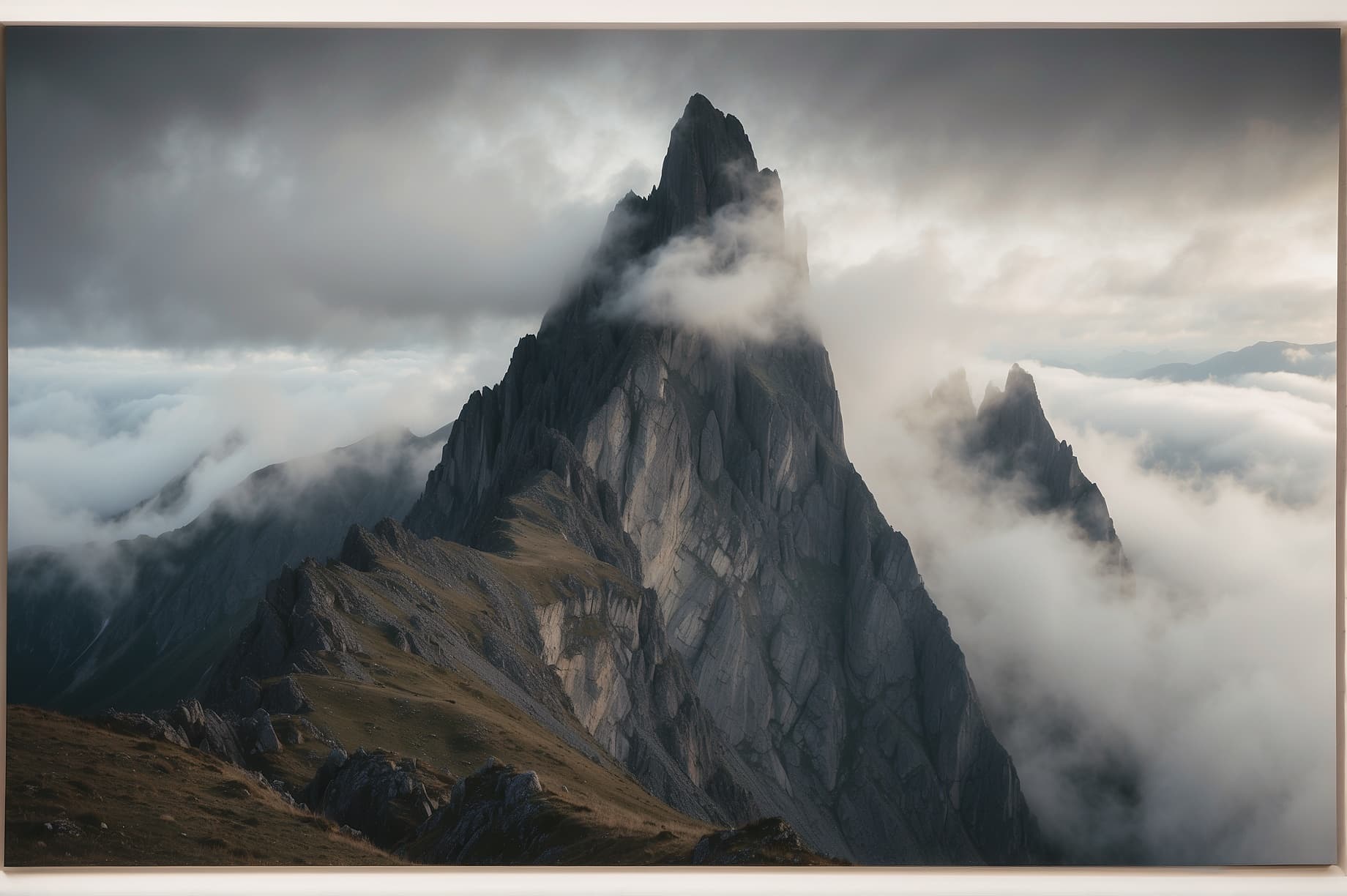 AI generated: A dramatic mountain peak, shrouded in mist and mystery. The jagged edges of the rocks and the swirli...
