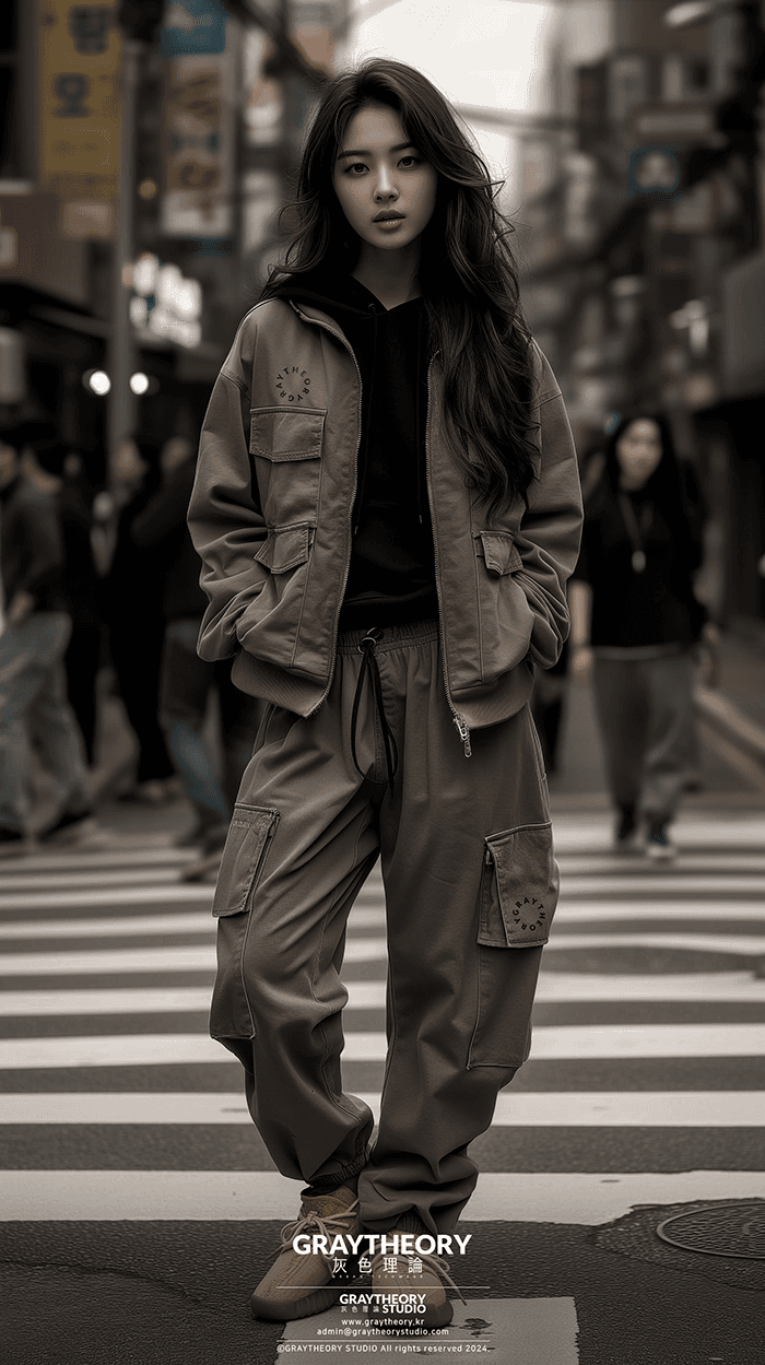AI generated: photography, 28 woman, pro model, natural pose moment, wearing small text logo with garment dyeing t...