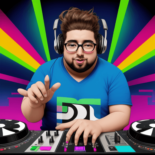 AI generated: Locutor gordo con microfono, dj, fondo de colores